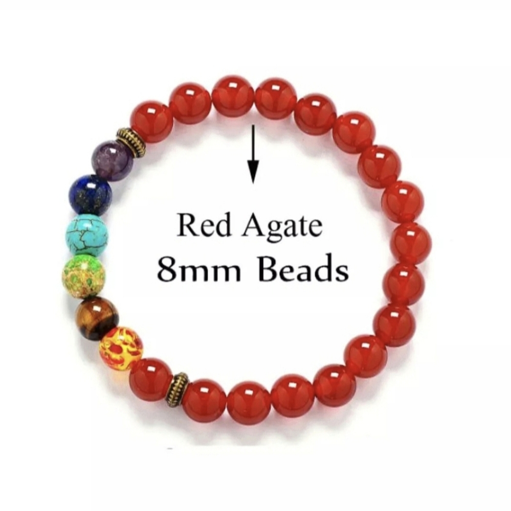 New Natural Beaded Red Agate 7 Chakra Bracelet.